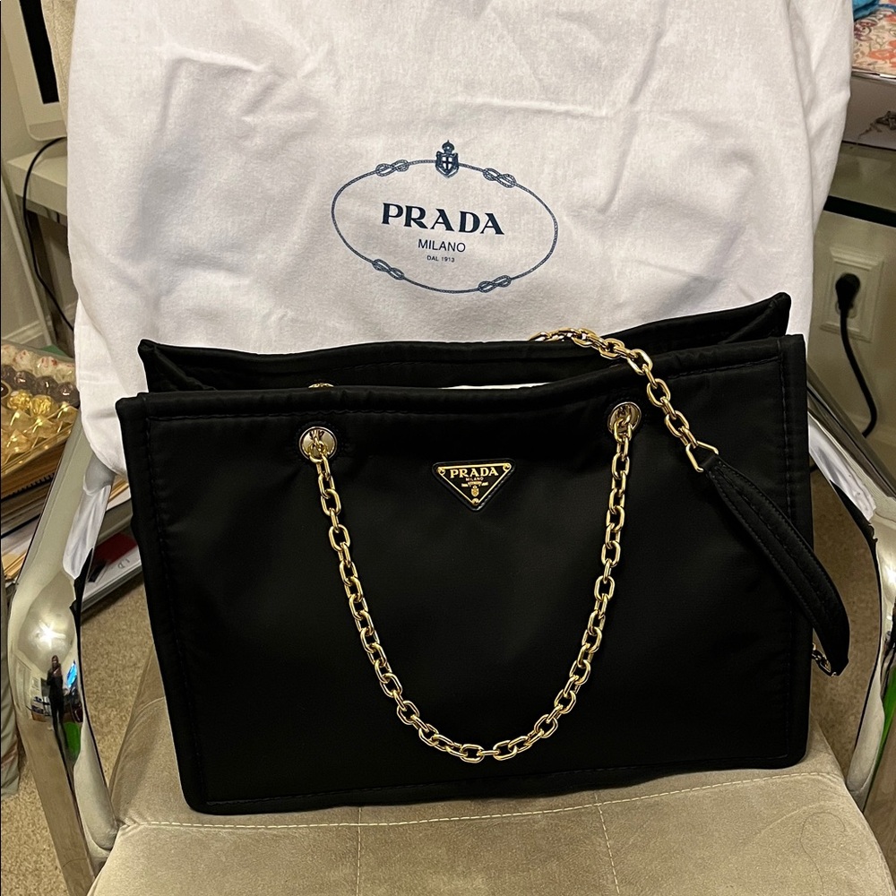 Prada Tessuto Large Black Tote with Gold Chain